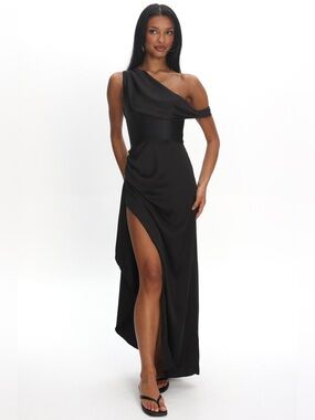 Saints + Secrets Black Boning Sensations Off Shoulder Satin Maxi Dress Small EUC